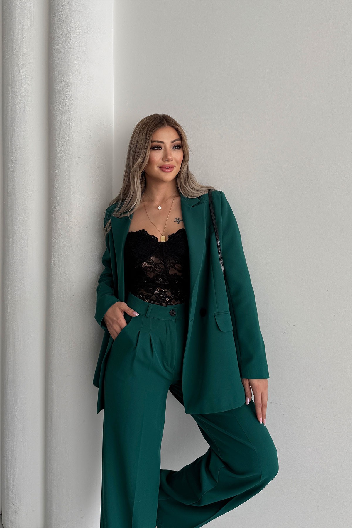 Kadın Zümrüt Yeşil Blazer Ceket Palazzo Pantolon Takım Elbise