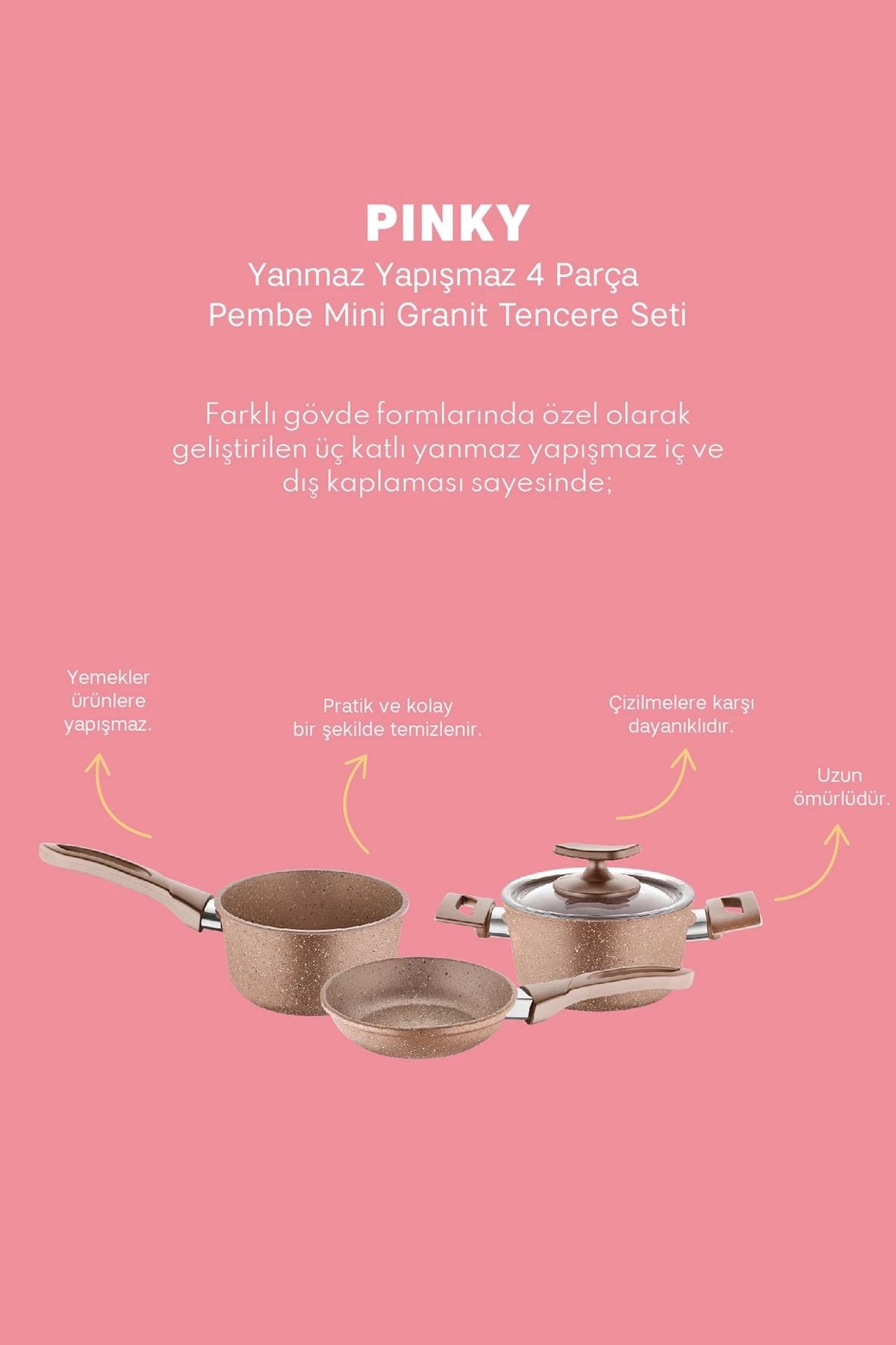 Pinky Pembe 4 Parça Mini Granit Tencere Seti