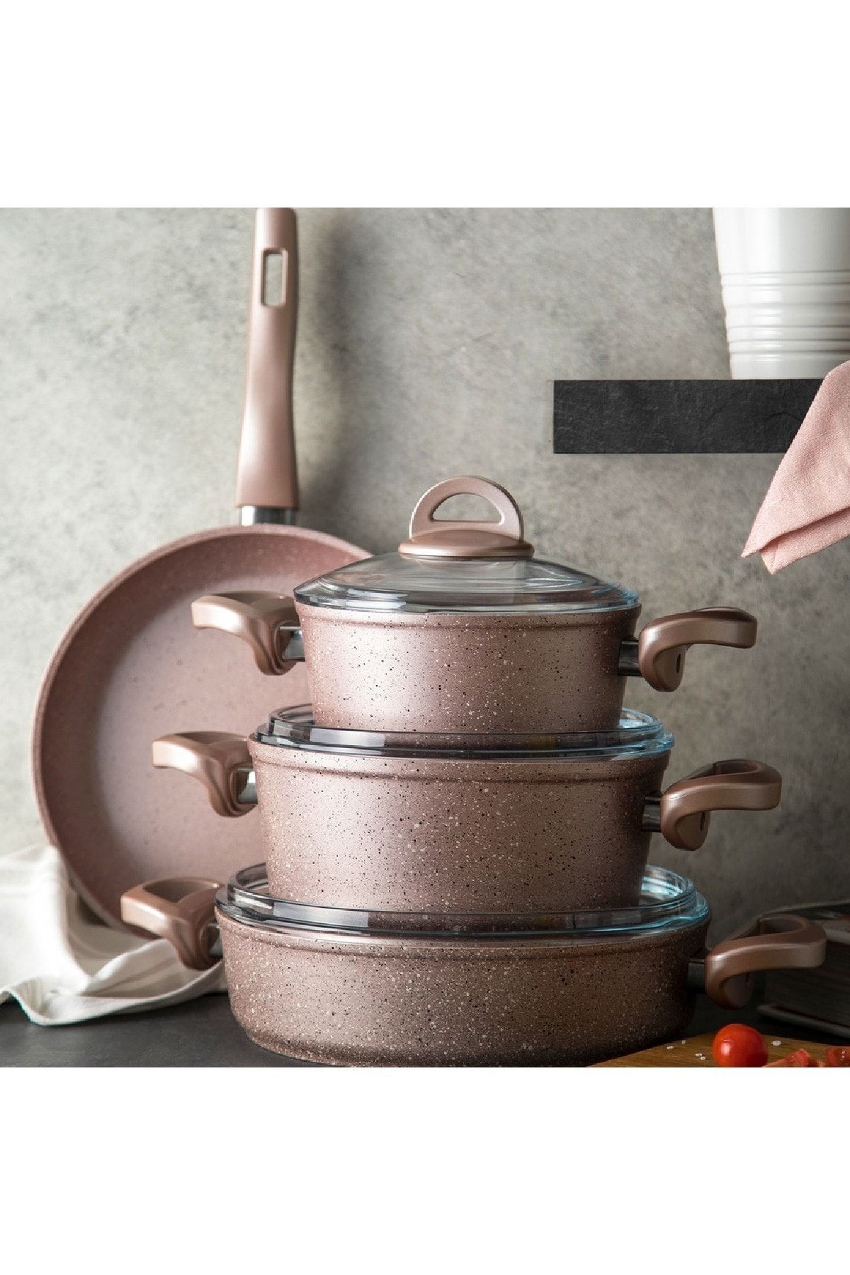 Premium Granit 7 Parça Golden Pink Tencere Seti