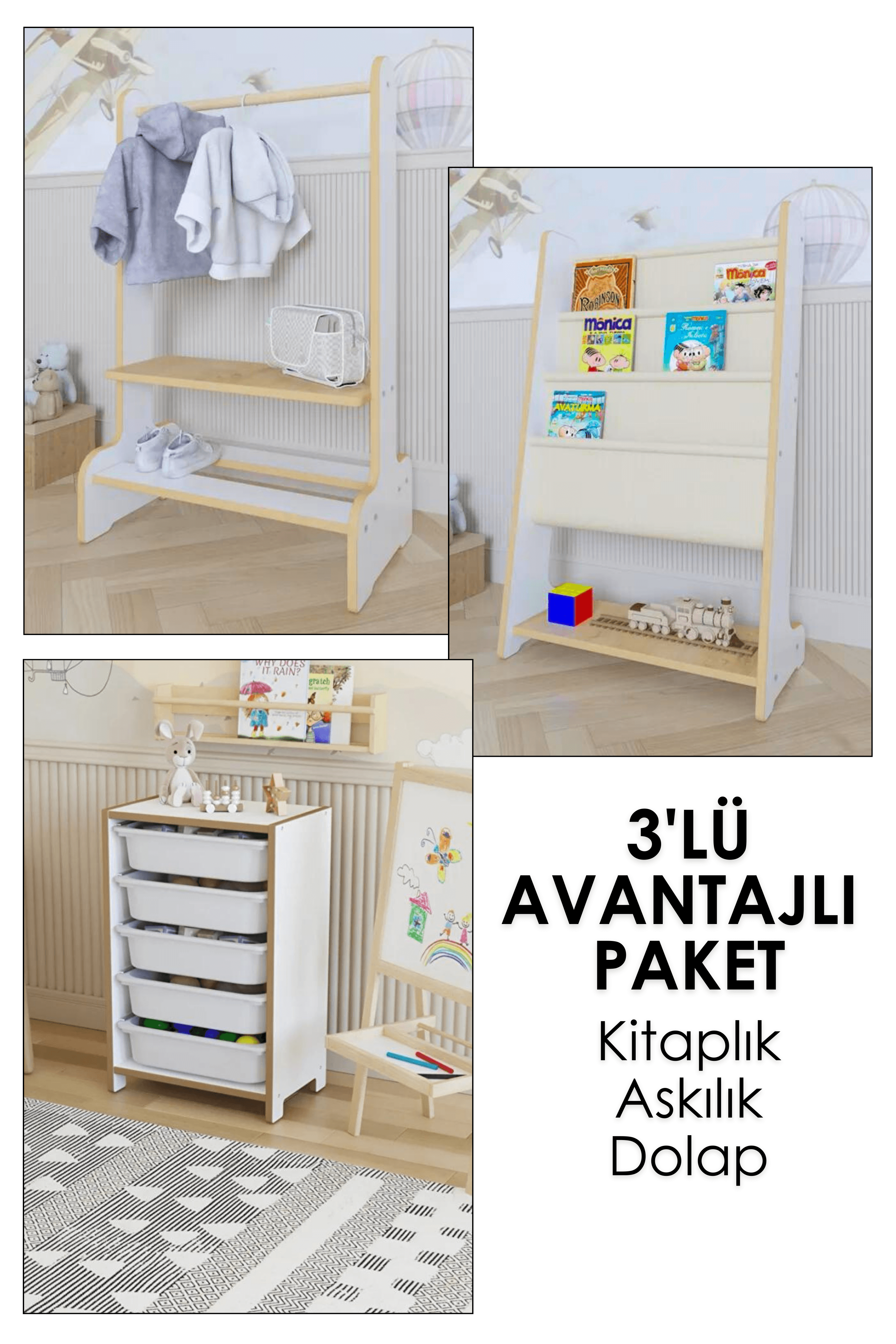 3'lü Avantajlı Paket - Askılık&Ayakkabılık, Kitaplık, 5'li Oyuncak Dolabı