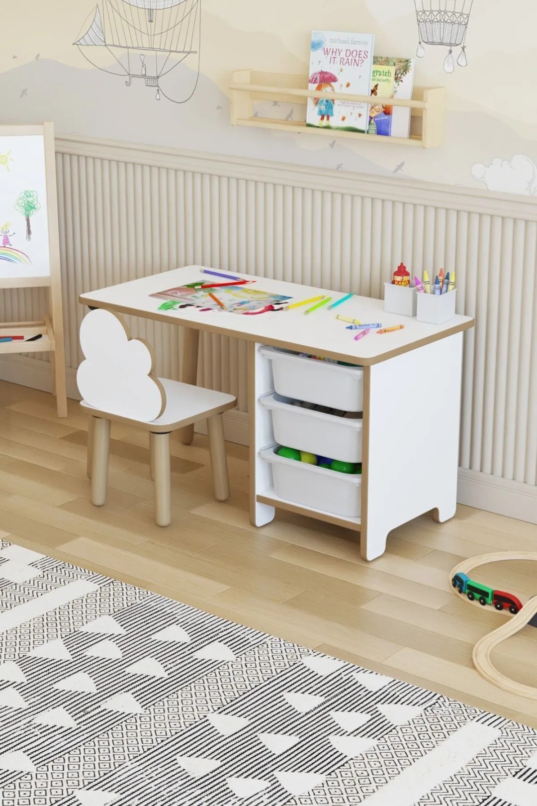 3 Çekmeceli Çocuk Aktivite Masası Takımı (Yaz‑Sil Yüzey, 90 × 45 cm – 1 Sandalyeli)