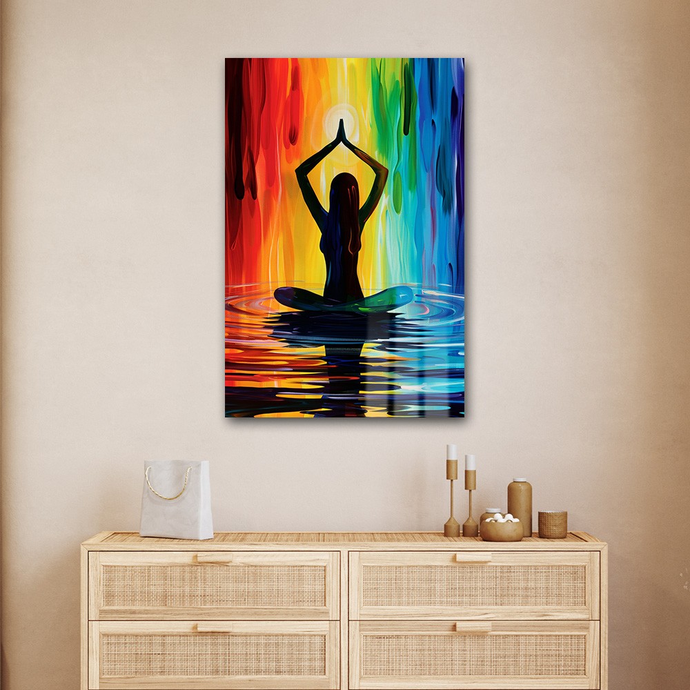 Çakraların Dansı: Gökkuşağı Enerjisiyle Meditasyon Cam Tablo