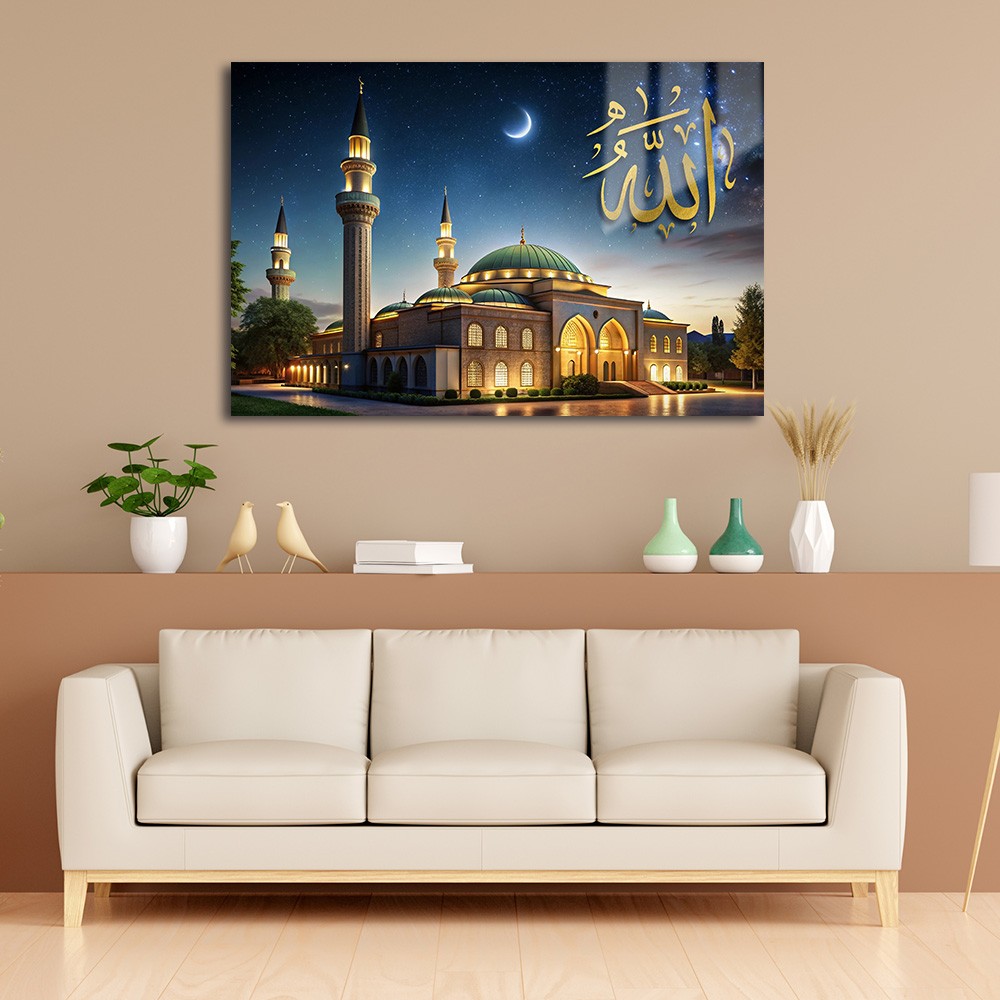 Kudüs Gecesi: Cami ve İlahi Işıltı Cam Tablo