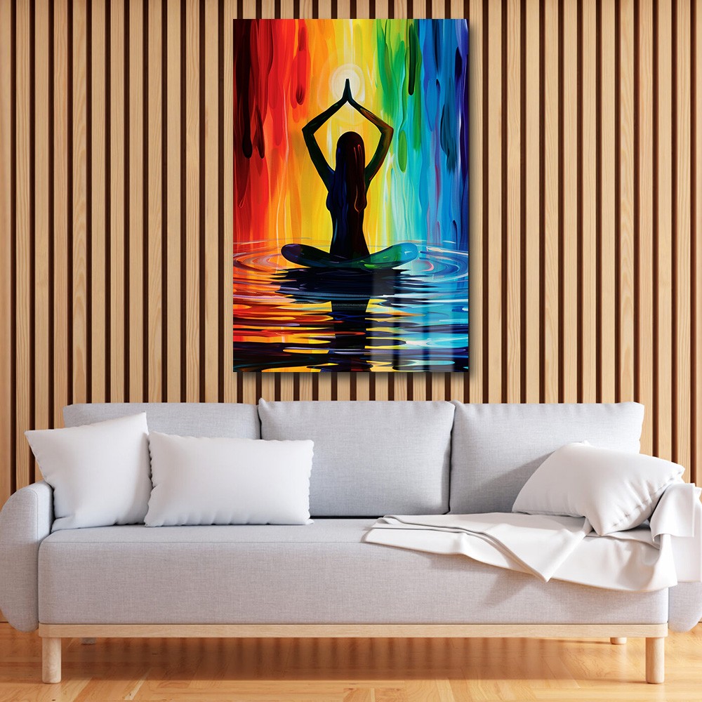 Çakraların Dansı: Gökkuşağı Enerjisiyle Meditasyon Cam Tablo