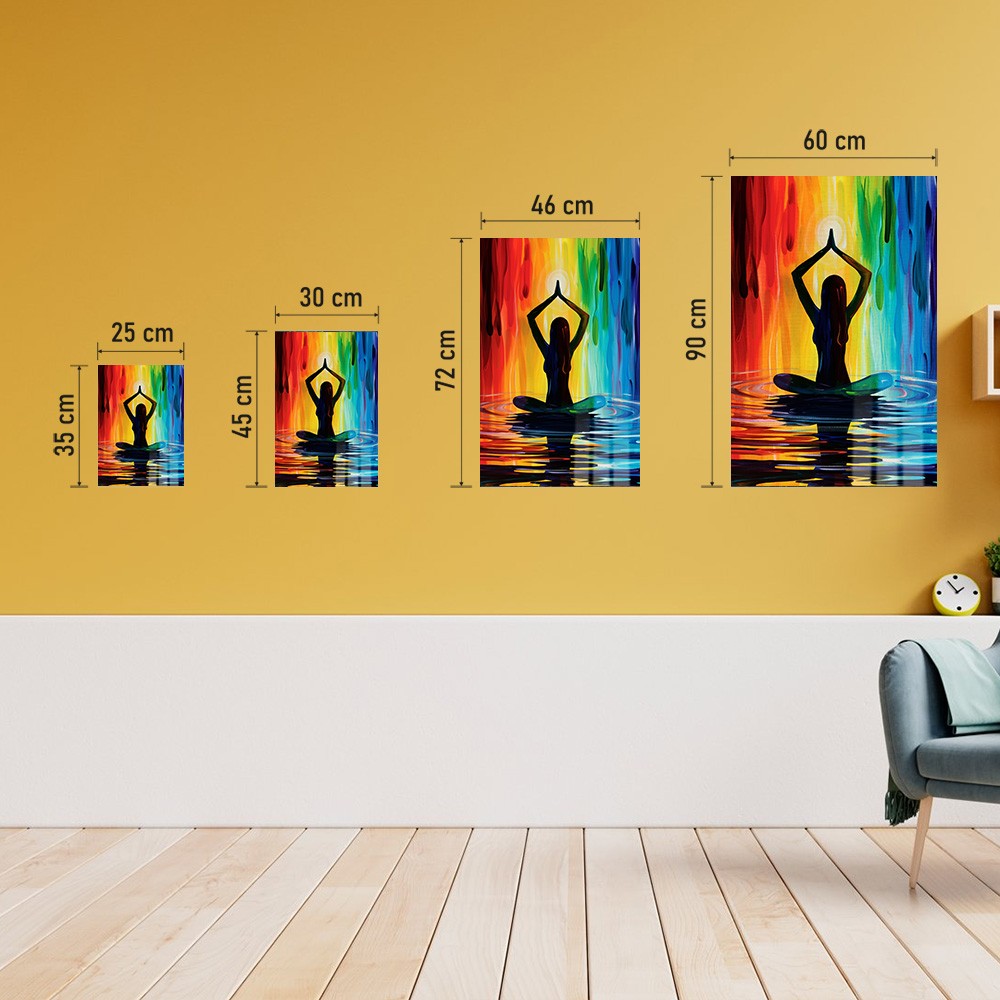 Çakraların Dansı: Gökkuşağı Enerjisiyle Meditasyon Cam Tablo