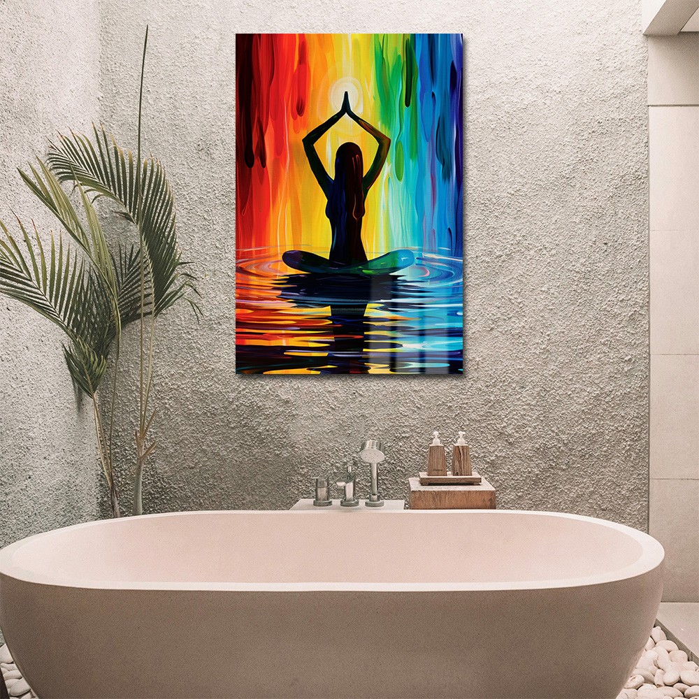 Çakraların Dansı: Gökkuşağı Enerjisiyle Meditasyon Cam Tablo