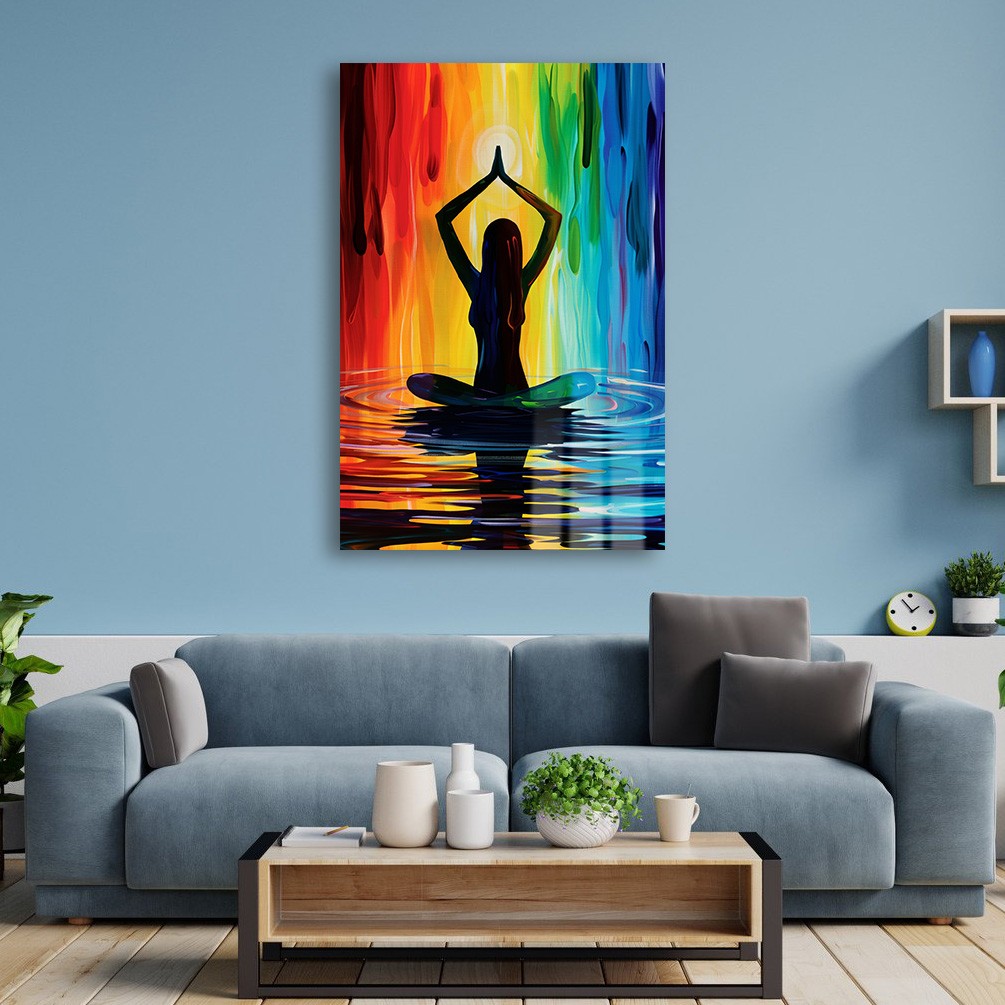Çakraların Dansı: Gökkuşağı Enerjisiyle Meditasyon Cam Tablo