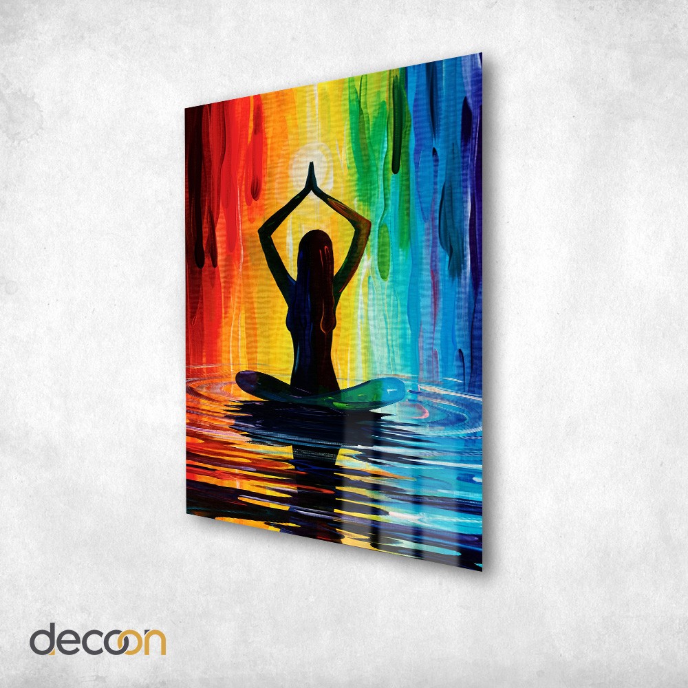 Çakraların Dansı: Gökkuşağı Enerjisiyle Meditasyon Cam Tablo