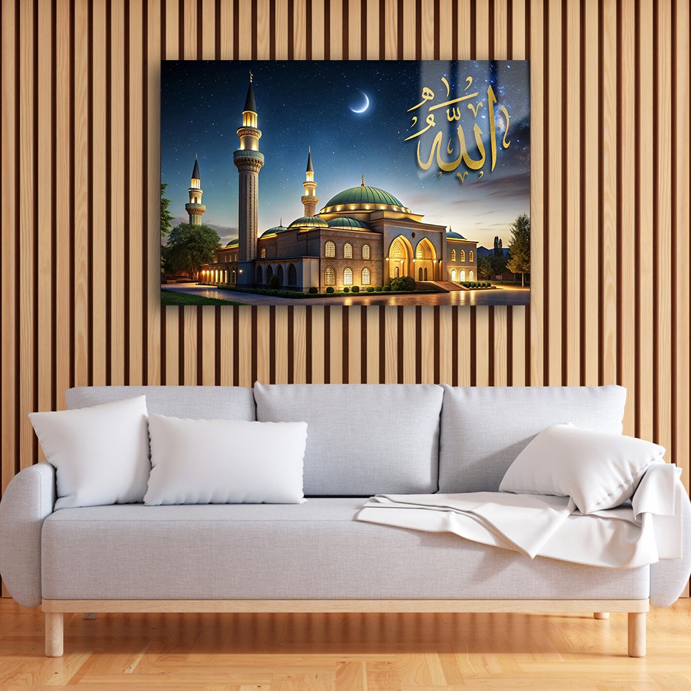 Kudüs Gecesi: Cami ve İlahi Işıltı Cam Tablo