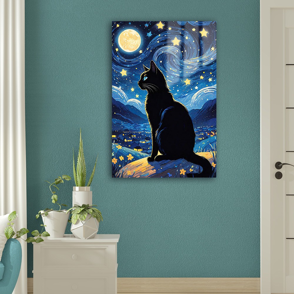 Yıldızlı Gecenin Seyri: Kara Kedi ve Büyülü Ay Cam Tablo