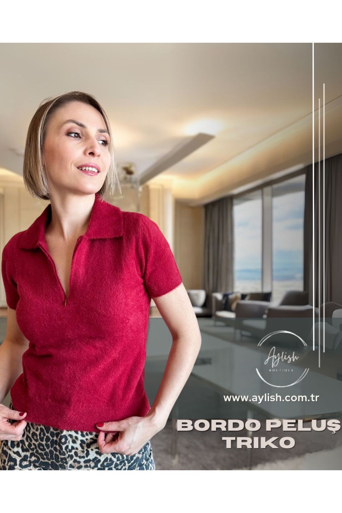 Fermuarlı Bordo Peluş Bluz Triko