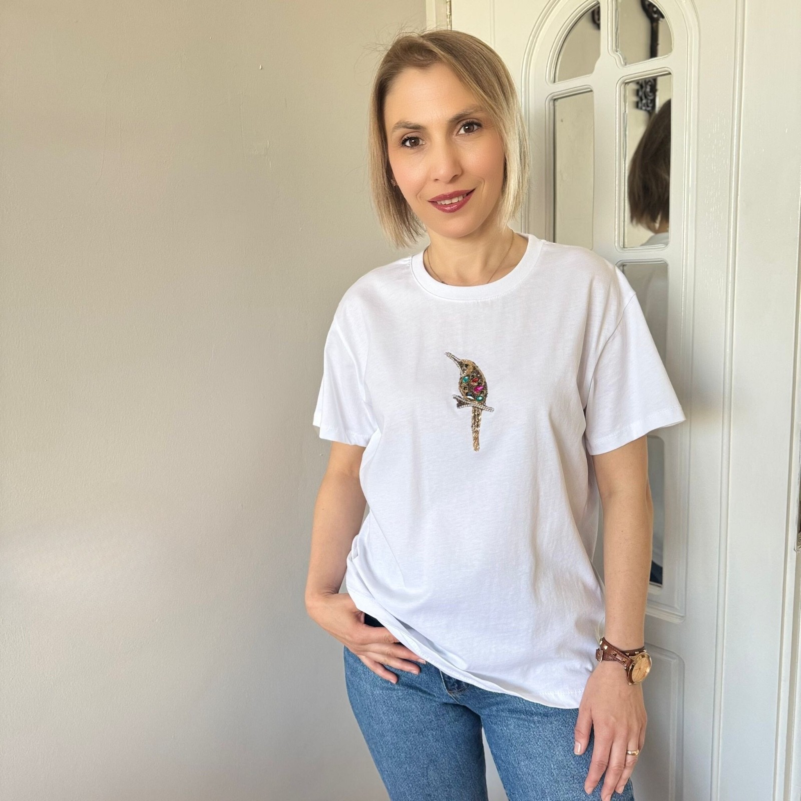 Kuş Desenli Taş Detaylı Basic T-shirt
