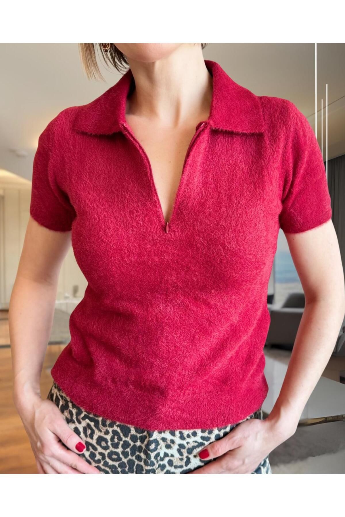 Fermuarlı Bordo Peluş Bluz Triko