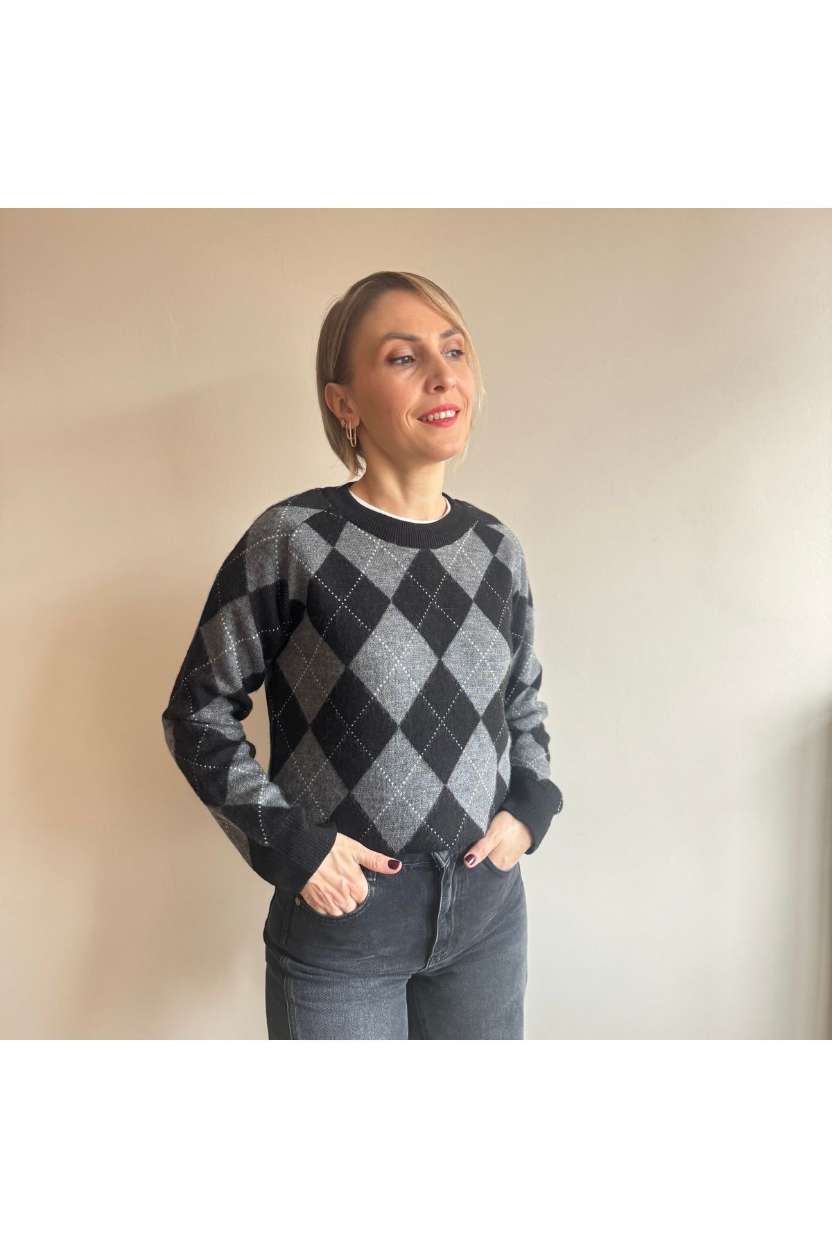Antrasit Siyah Haley Baklava Desenli Kazak