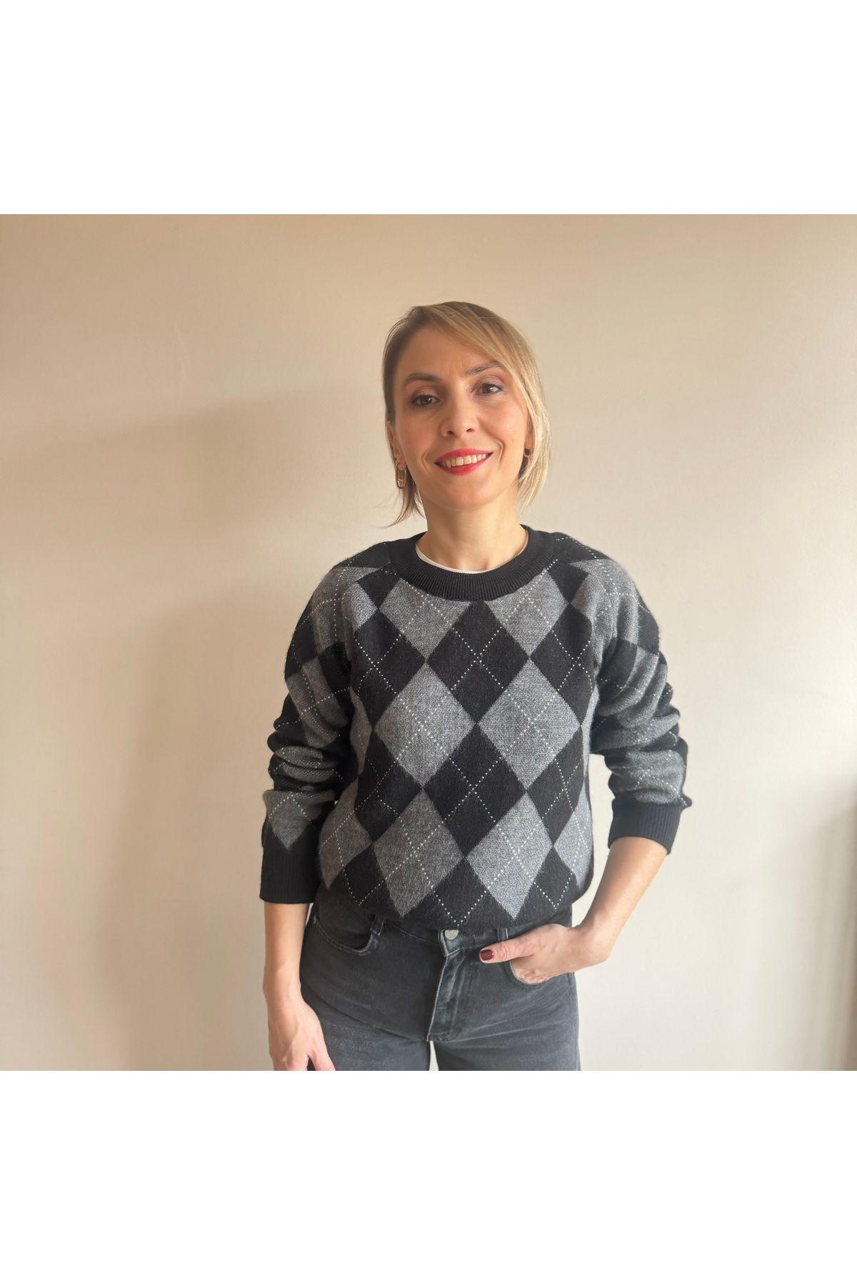 Antrasit Siyah Haley Baklava Desenli Kazak