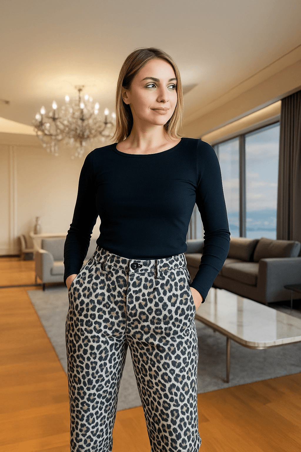 Kahverengi Leopar Desenli Premium Pantolon