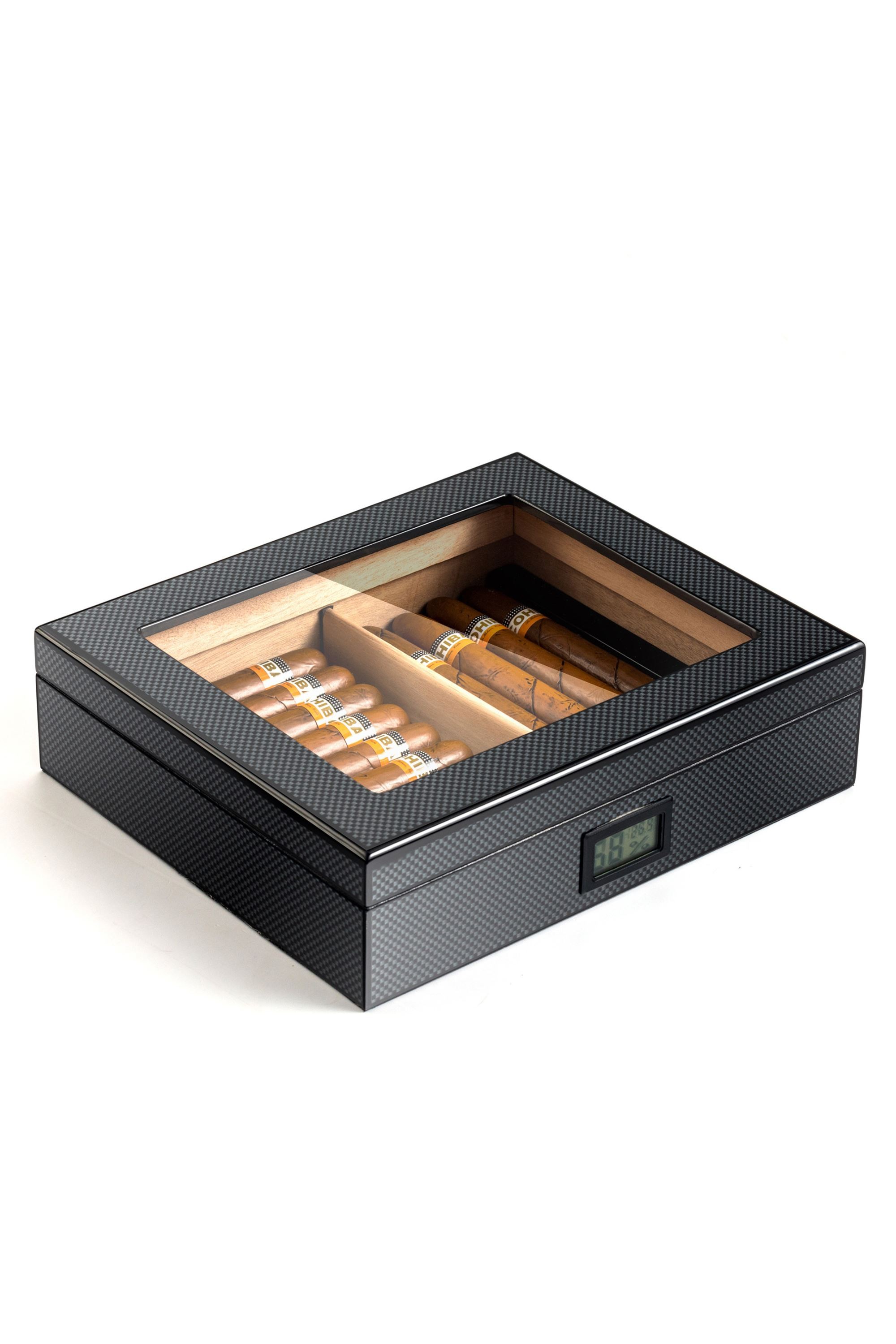 Falconetti Karbon Fiber Siyah Camlı Kısa Humidor Puro Kutusu rc38