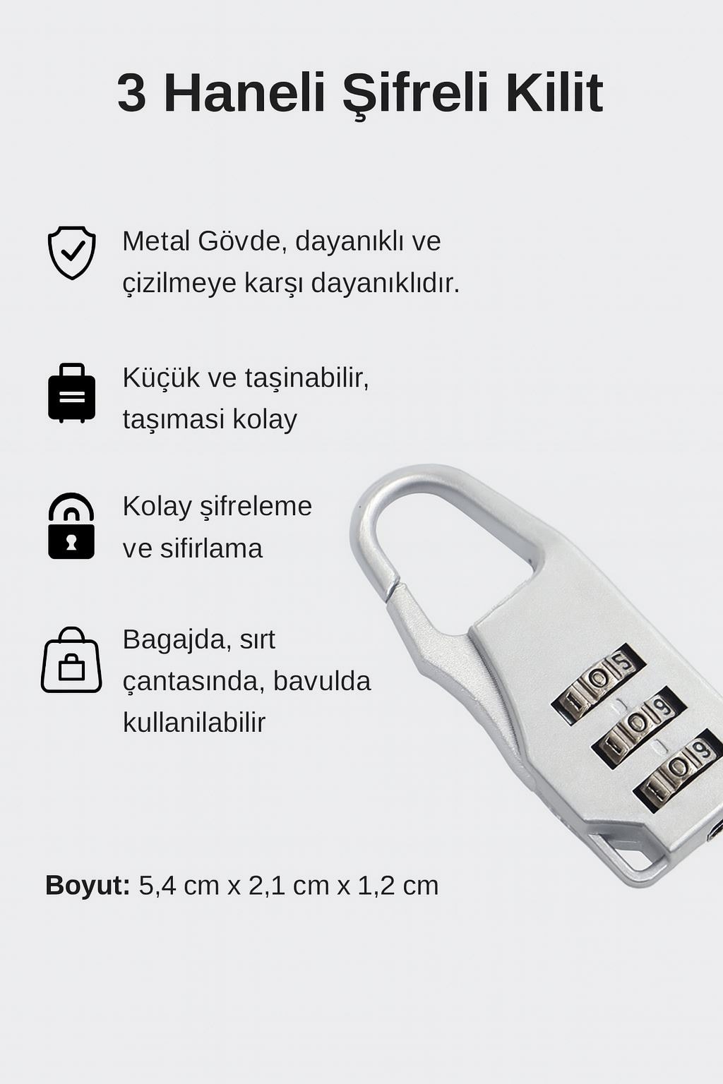3 Hane 20 mm Şifreli Sıfırlanabilir Dolap Bagaj Çanta Kilidi Asma Kilit cin537sl