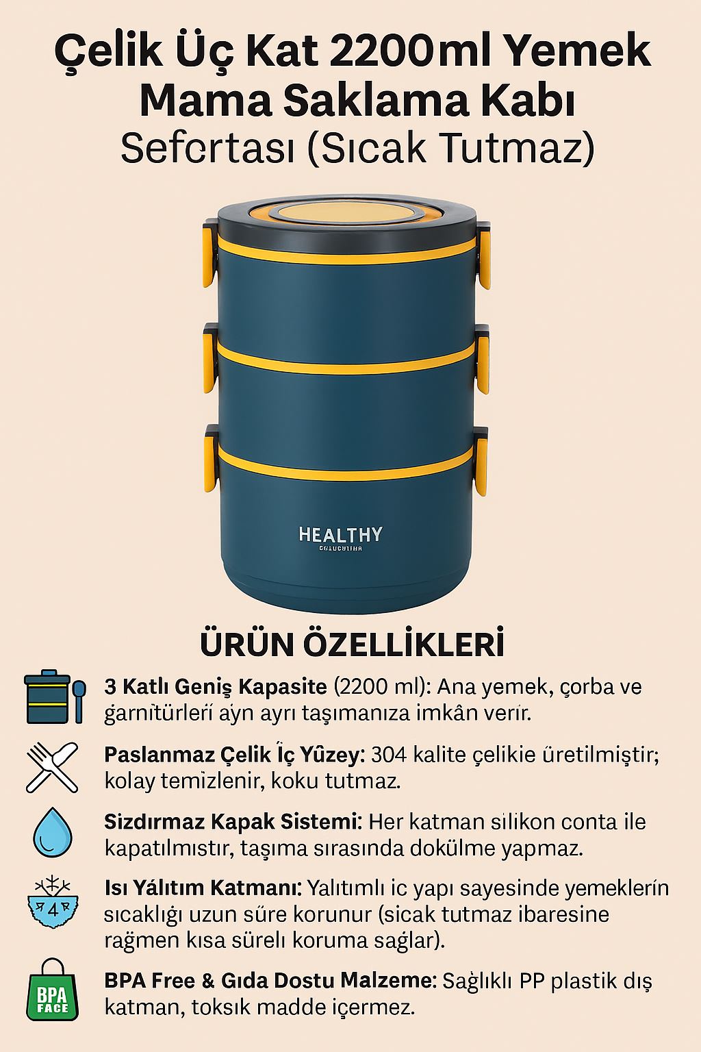 Çelik Üç Kat 2200ml Yemek Mama Saklama Kabı Sefertası (SICAK TUTMAZ) cin564mv