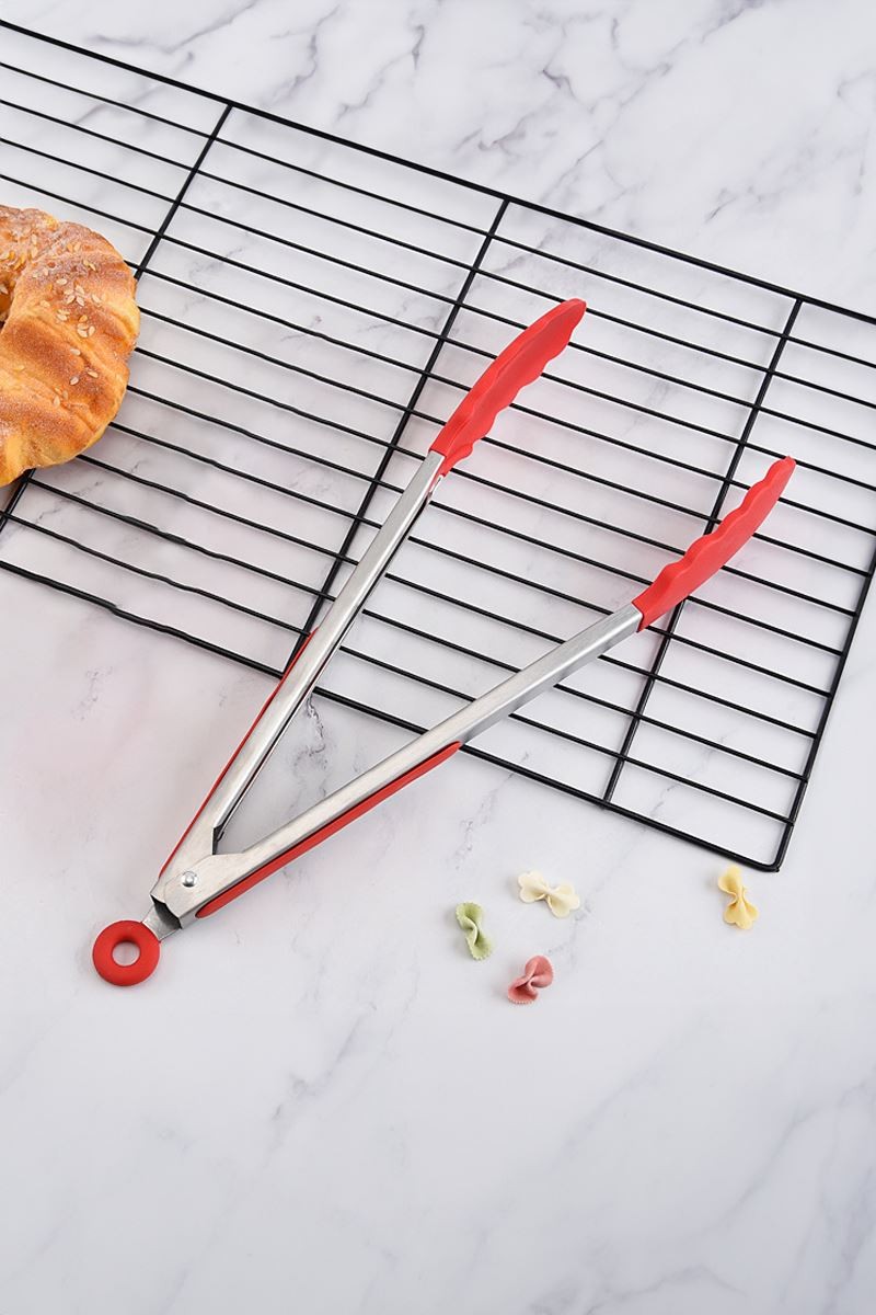 Çelik Silikon Maşa 33 cm Kırmızı Mutfak Biftek Barbekü Salata Ekmek Maşası mt145