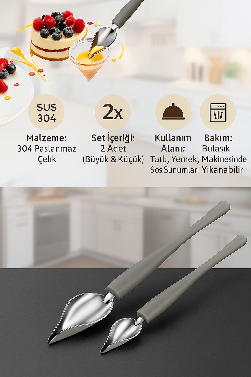 304 Paslanmaz Çelik 2 Adet Tatlı Yemek Sos Tabak Süsleme Kaşığı cin780