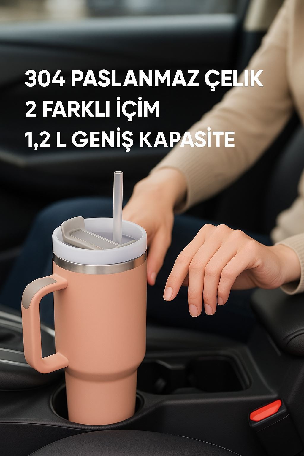 304 L Çelik 1,2 L Pembe Quencher Pipetli El Termos Mug cin856pm