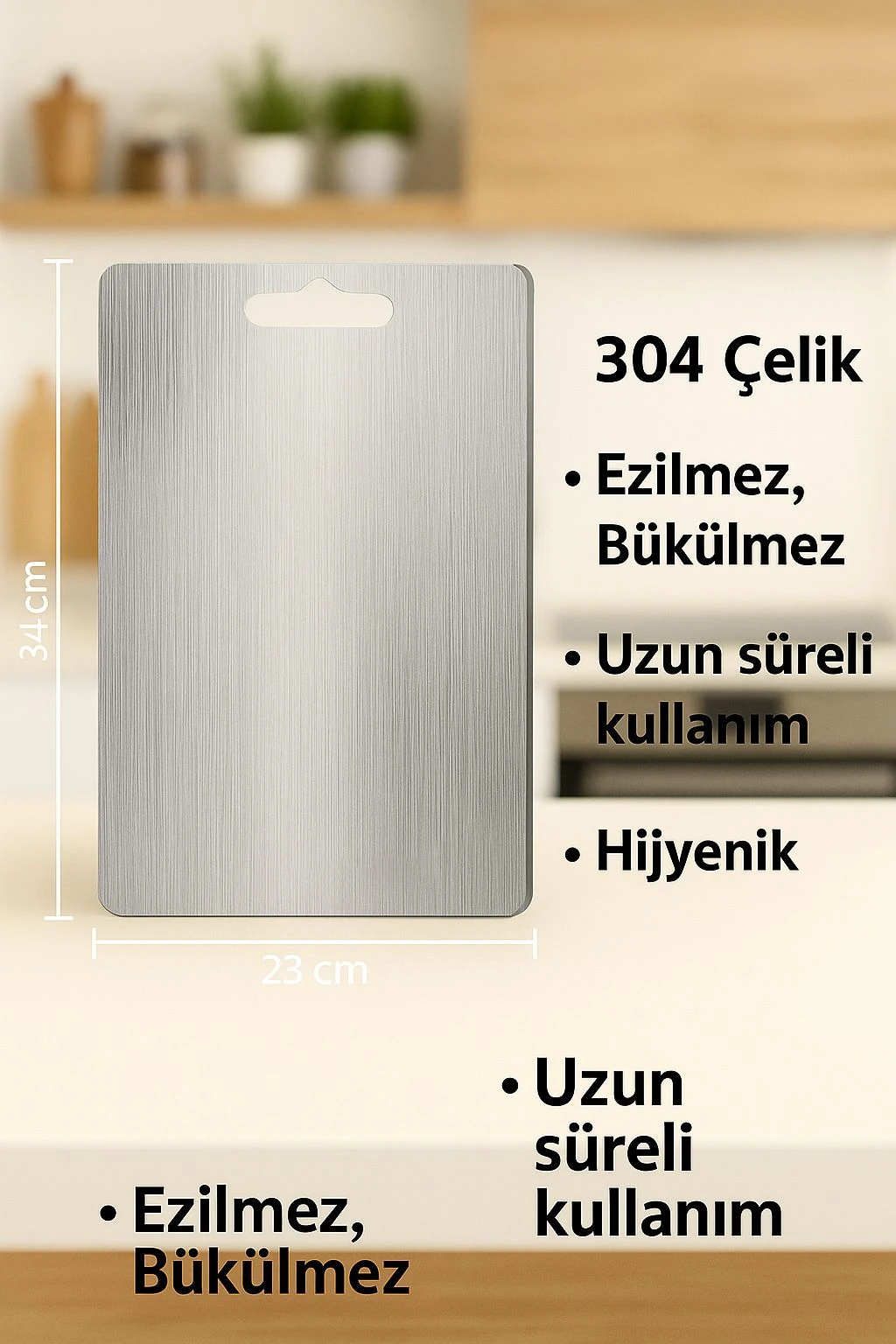 304 Kalın Çelik 34x23 Kesme Tahtası Antibakteriyel Doğrama Tahtası cin860