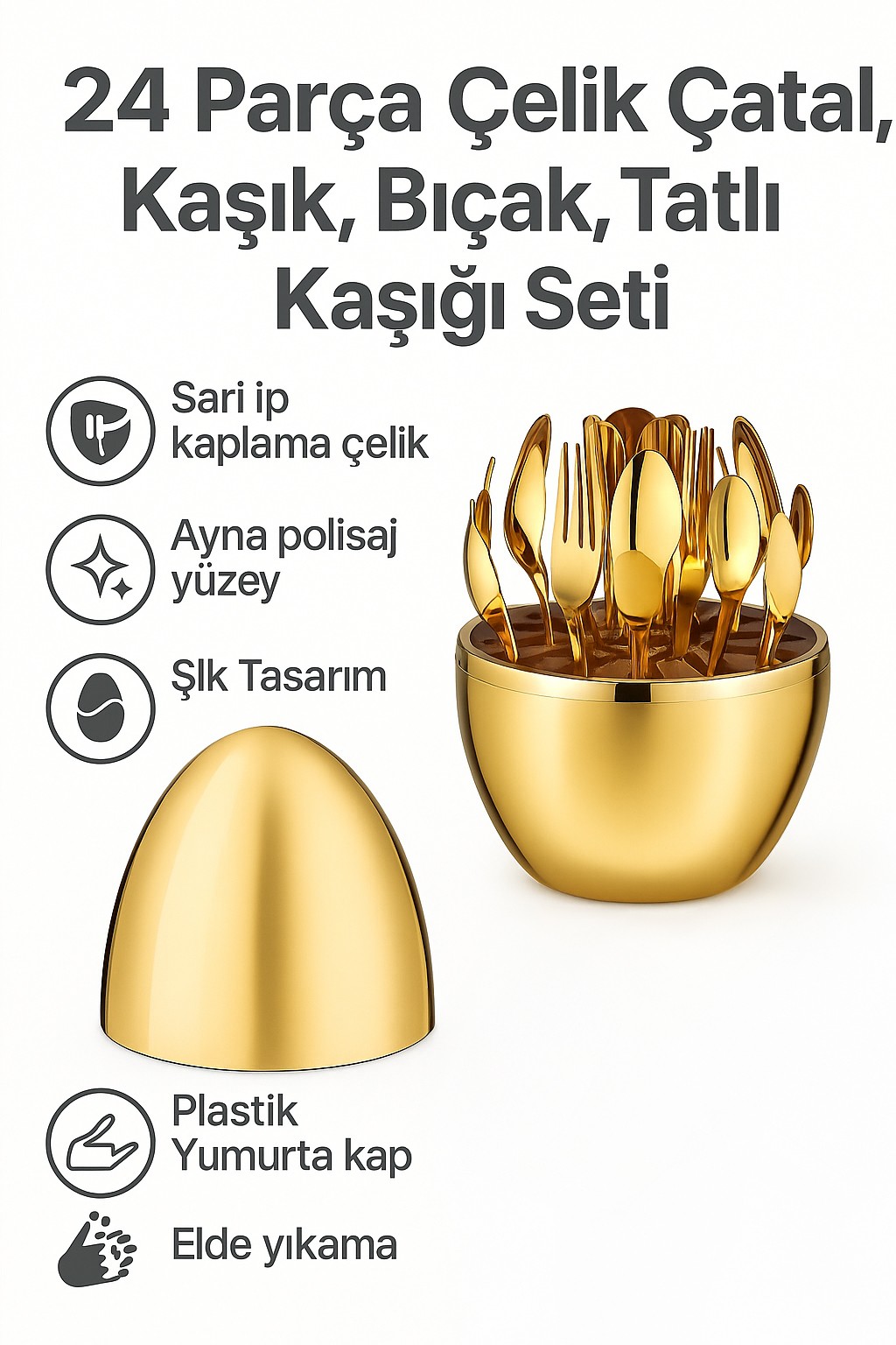 Çelik 24 Parça 6 Kişilik Yumurta Gold Yemek Kaşık Çatal Bıçak Set cin741sr