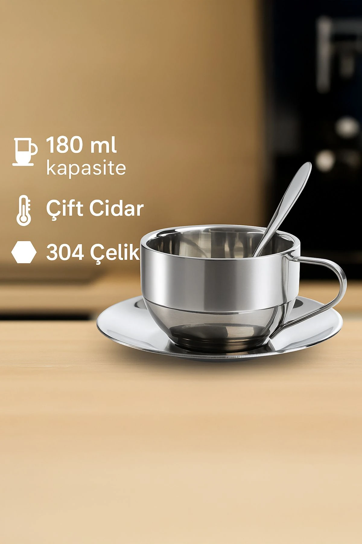 Çelik 2 Adet 3 Parça 180 ml Çift Cidar Espresso Kahve Fincan Set Sunum Bardağı 