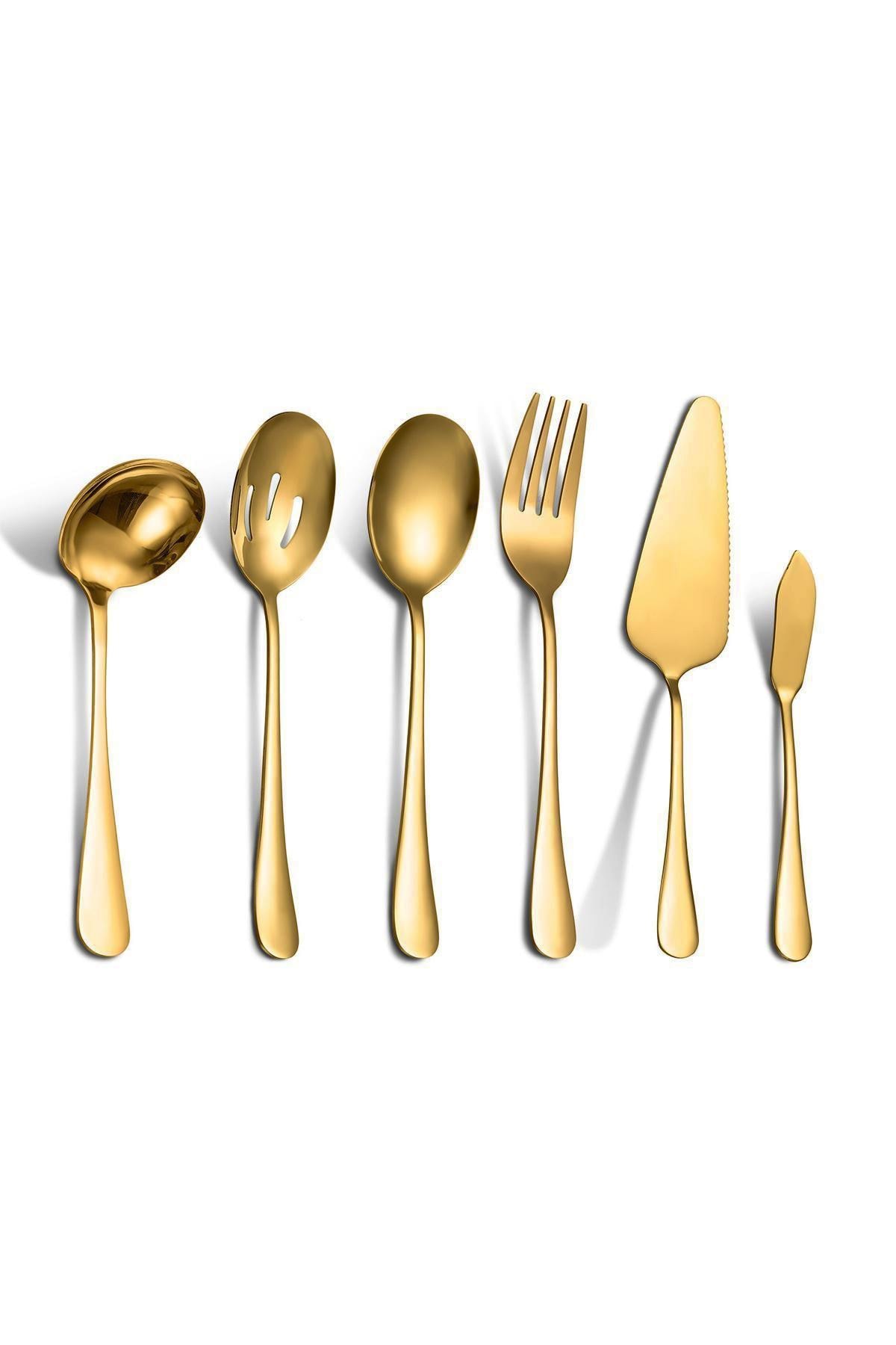 6 Parça Gold Sunum için Servis Kaşığı Kaşık Çatal Ispatula Reçel Seti cin613sr