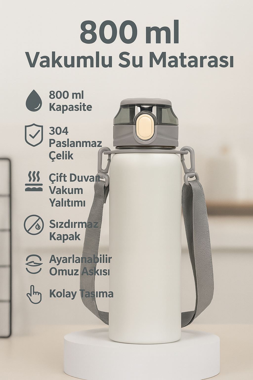 304 L Çelik Gri 800 ml Askılı ve Pipetli Matara Suluk cin411gr-8