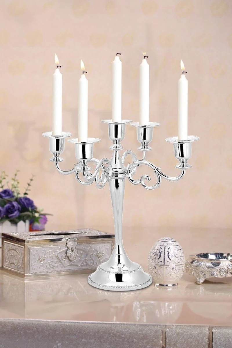 5 Gözlü Şık Restoran Düğün Şamdan Dekoratif metal Silver Mumluk mt156slv