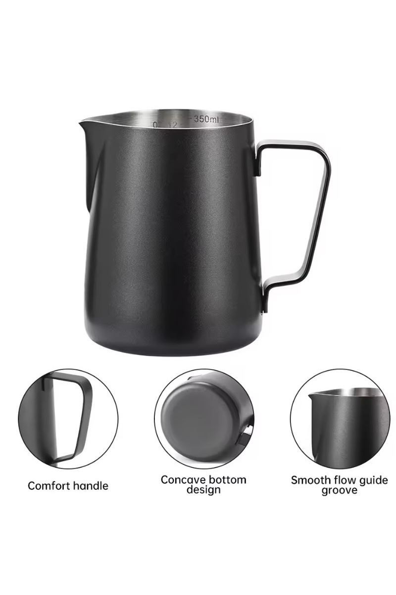 304 Çelik 350 ml Siyah Teflon Kaplama Kahve Süt Köpürtme Potu Sütlük Pitcher 