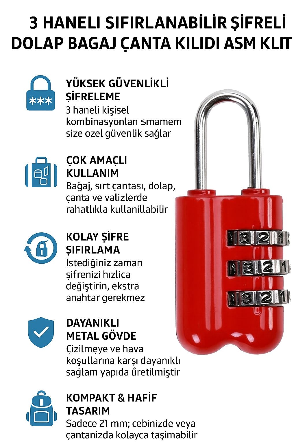 23 mm 3 haneli Şifreli Dolap Bagaj Çanta Kilidi Asma Kilit cin536krx