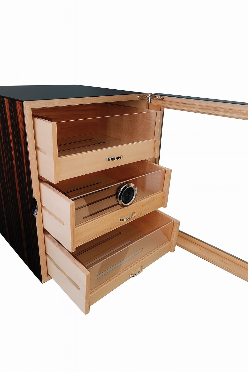 Falconetti Çekmeceli 3 Katlı Kahverengi Önü Camlı Sedir Humidor Puro Kutusu rc77