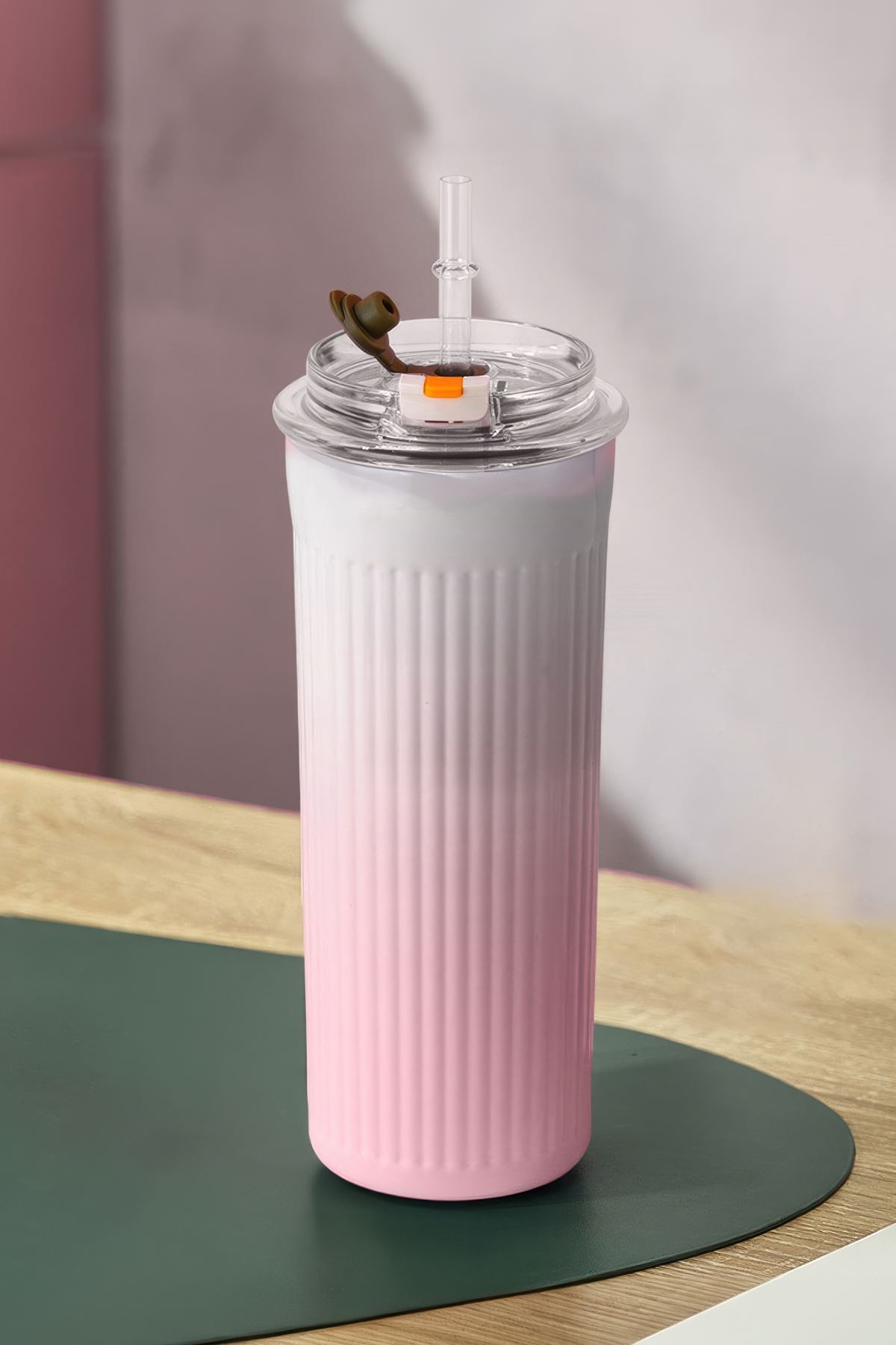 304 L Çelik 500 ml. Pembe Beyaz Degrade Pipetli El Termos Mug cin913pm