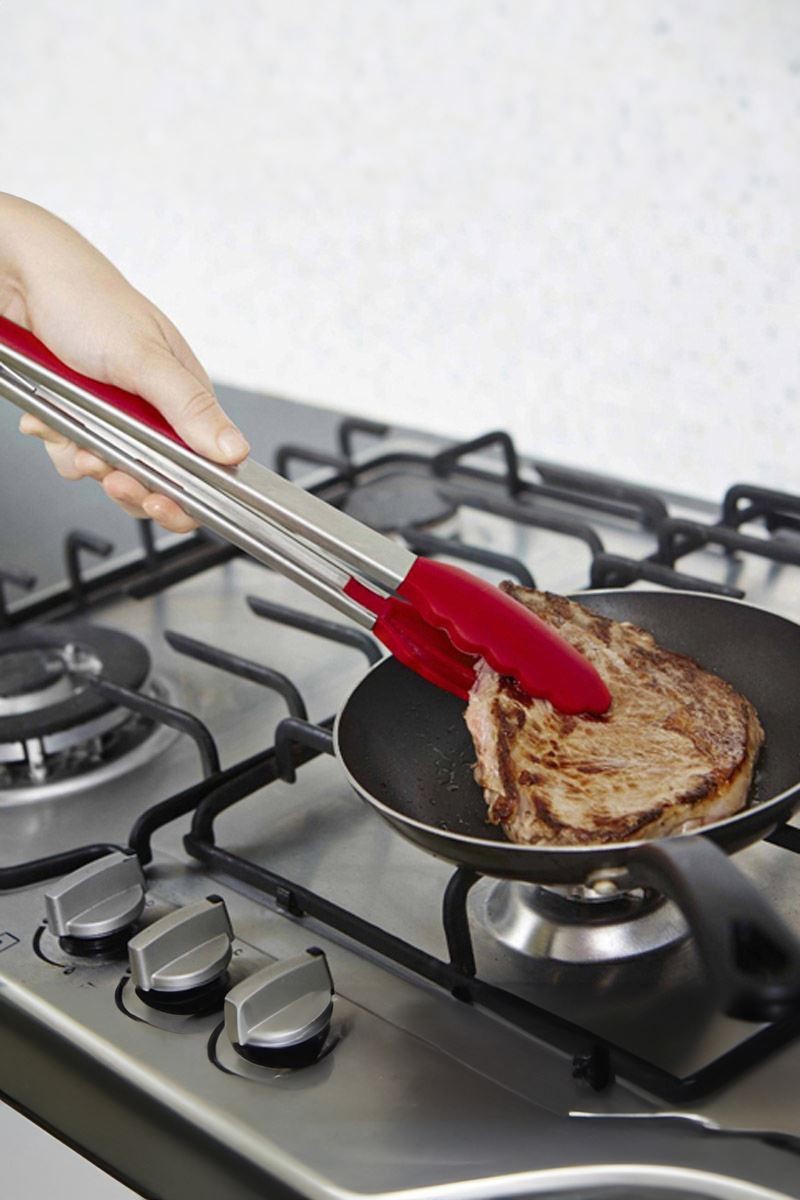 Çelik Silikon Maşa 33 cm Kırmızı Mutfak Biftek Barbekü Salata Ekmek Maşası mt145