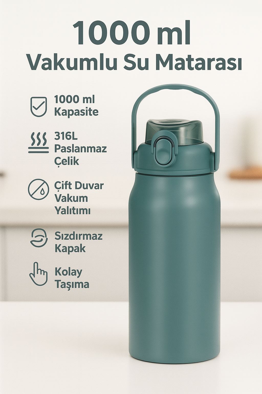 316 L Çelik Mavi 1000 ml Pipetli ve Kulplu Matara Suluk cin912mv