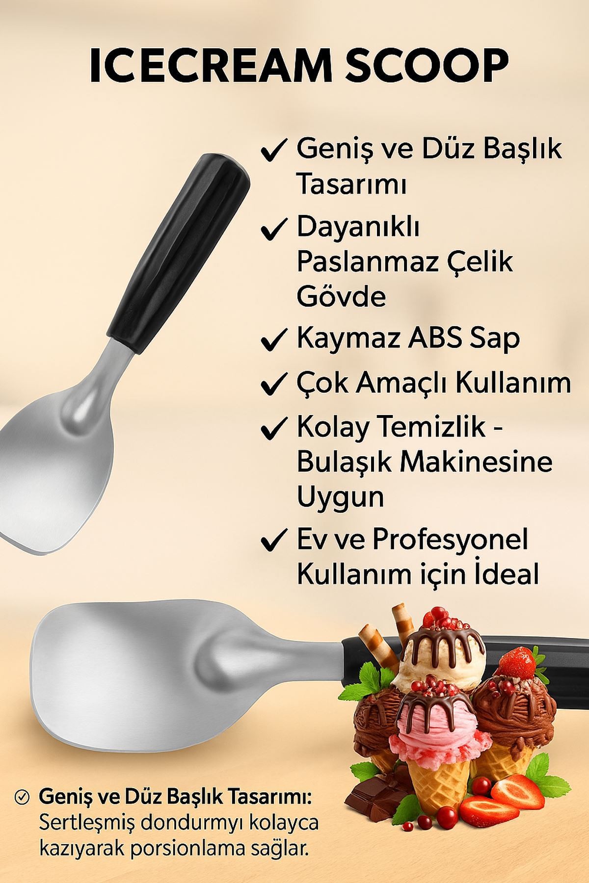 Çelik Büyük Boy Düz Dondurma Kaşığı Sert Dondurma Tereyağ Küreği mt196sy