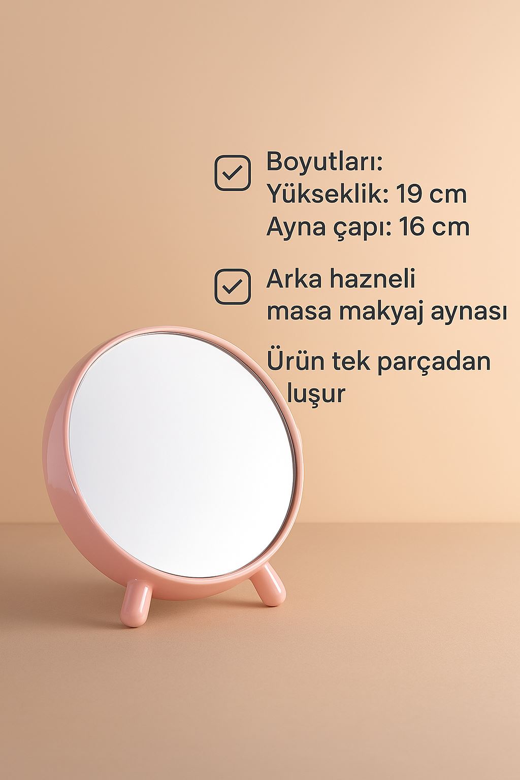 Masa Üstü Pembe Yuvarlak Plastik Arka Hazneli Masa Makyaj  Aynası cin719pm