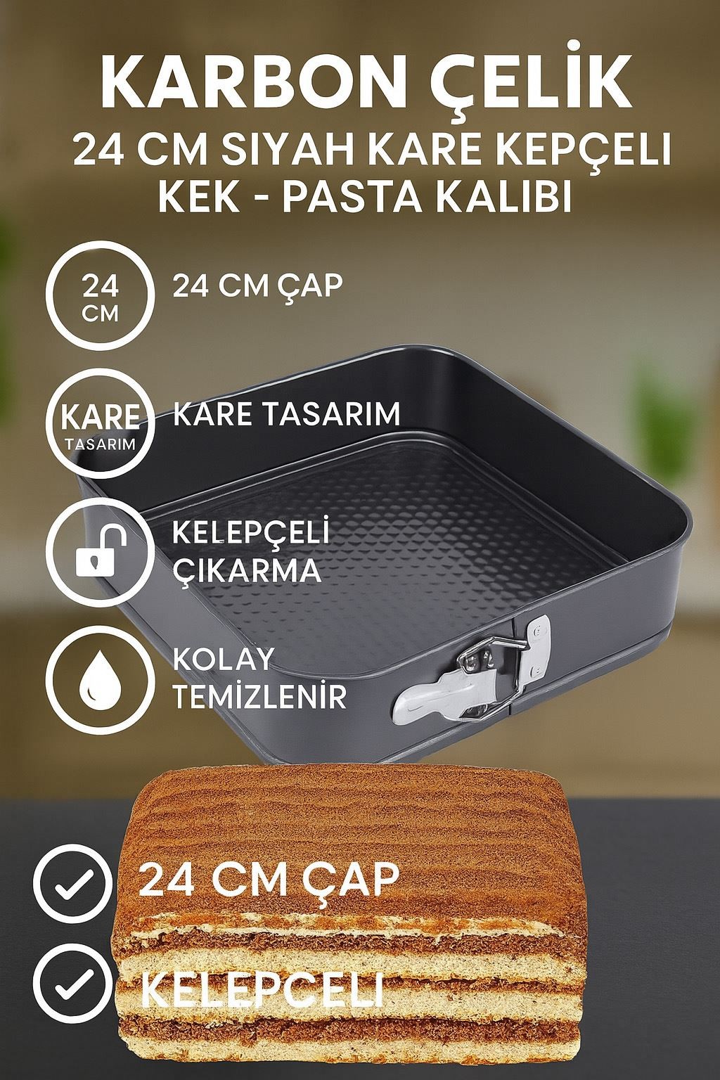 Karbon Çelik 24 cm Siyah Kare Kelepçeli Kek Pasta Kalıbı cin799sy