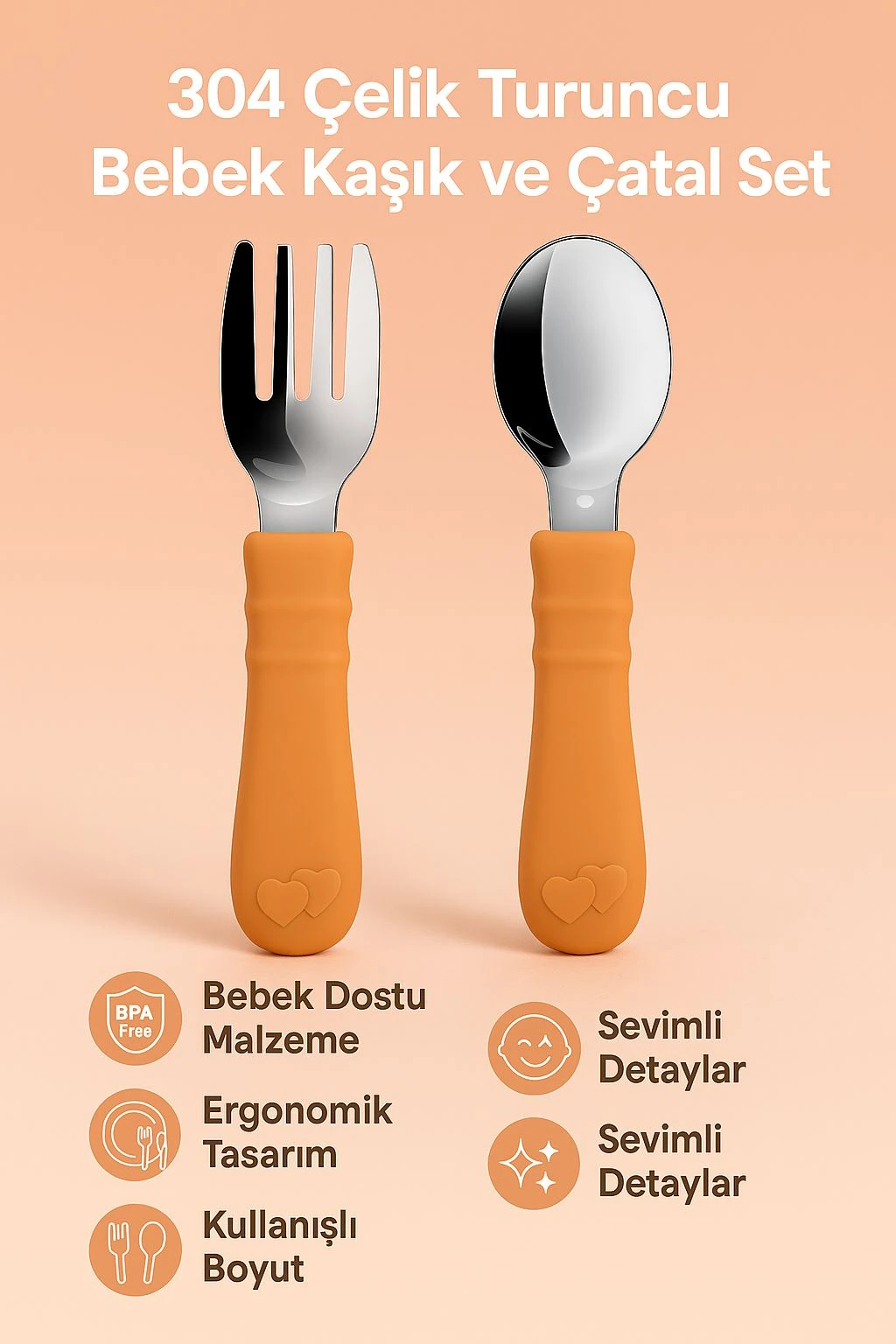 304 Paslanmaz Çelik Turuncu Bebek Kaşık ve Çatal Set cin930tr