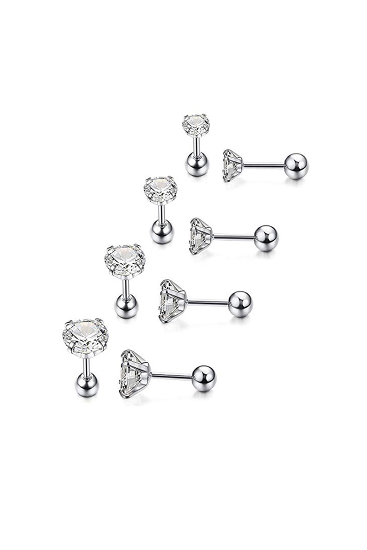 Chavin Gri Çelik 4 Takım Taşlı Bayan Erkek Küpe Piercing et40by