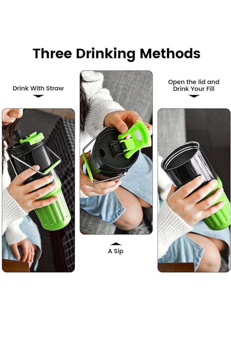 316 L Çelik 800 ml Yeşil Siyah Pipetli El Termos Mug cin858ys