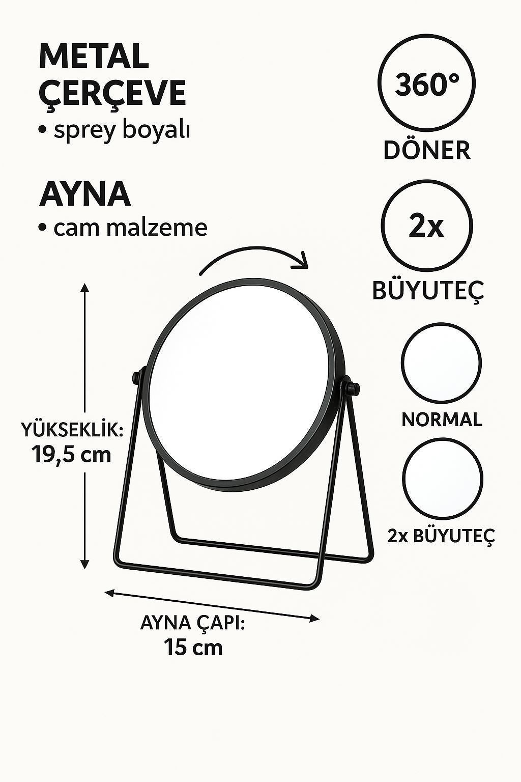 Masa üstü 15 cm 2x Büyüteçli Çift Taraflı 360°Dönen Metal  Masa Aynası mt167sy