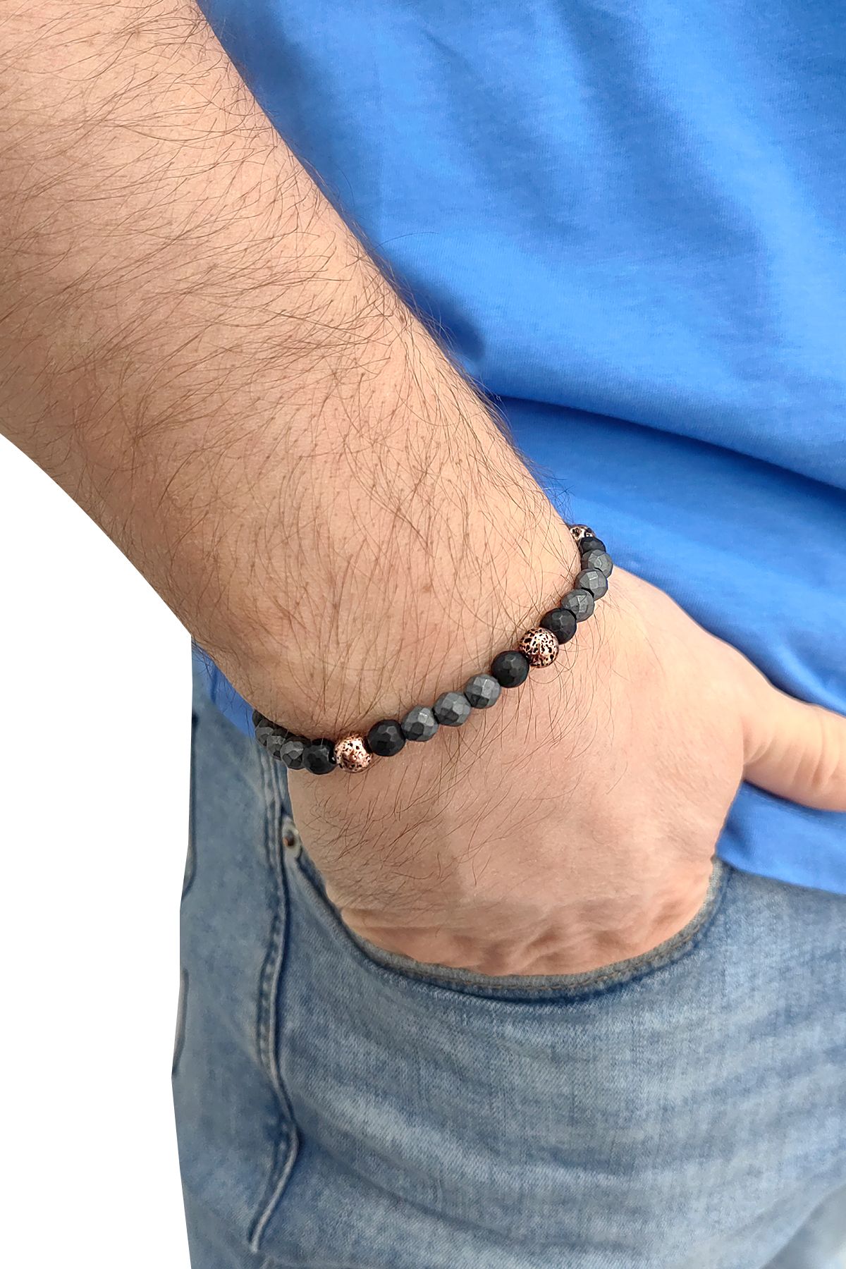 Lastikli Doğal Hematit Taşlı Erkek Bileklik ey35