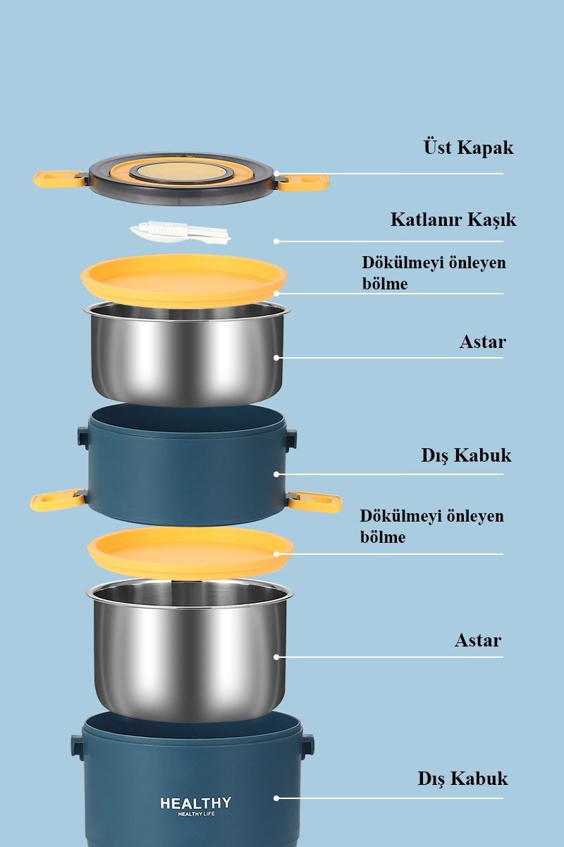 Çelik Üç Kat 2200ml Yemek Mama Saklama Kabı Sefertası (SICAK TUTMAZ) cin564mv