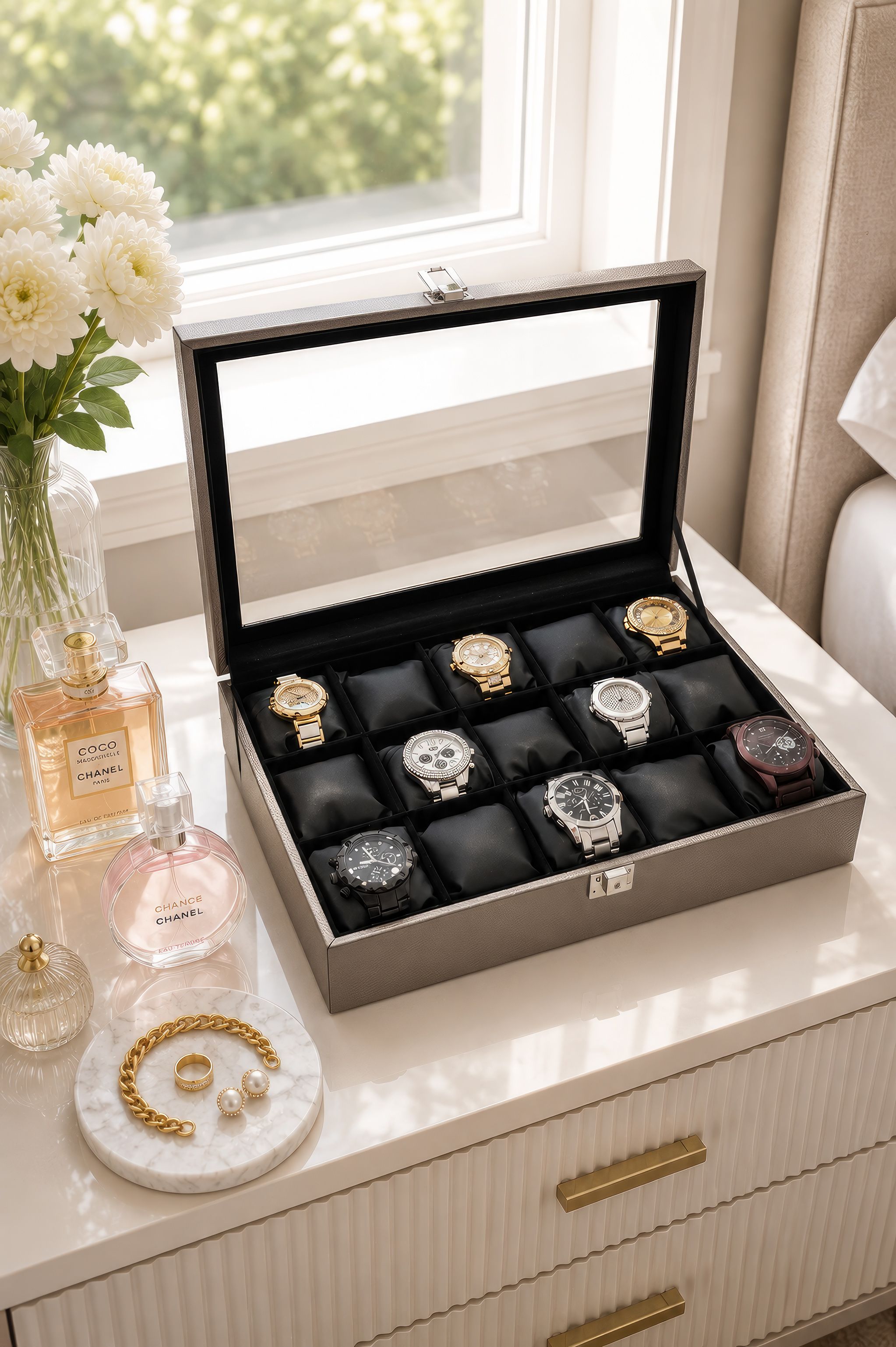 Chavin 15 li Diamond Gri Deri Ahşap Camlı Saat Kutusu st15-59