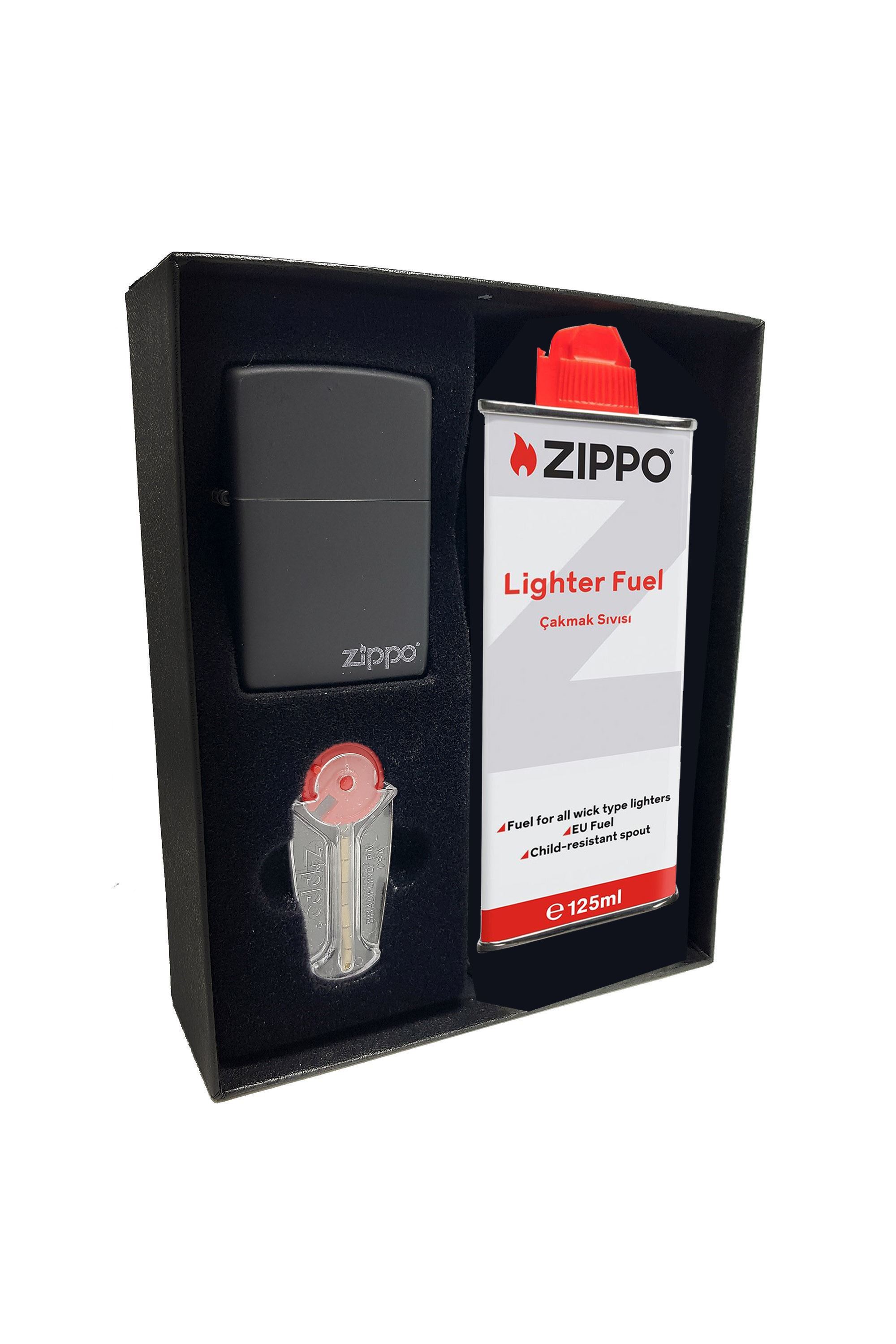 Zippo Çakmak Mat Siyah Hediyelik Kutu Benzin Taş Set du10-067277