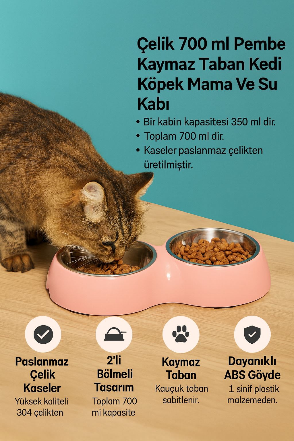 Paslanmaz Çelik 700 ml Pembe Kaymaz Taban Kedi Köpek Mama Ve Su Kabı cin571pm